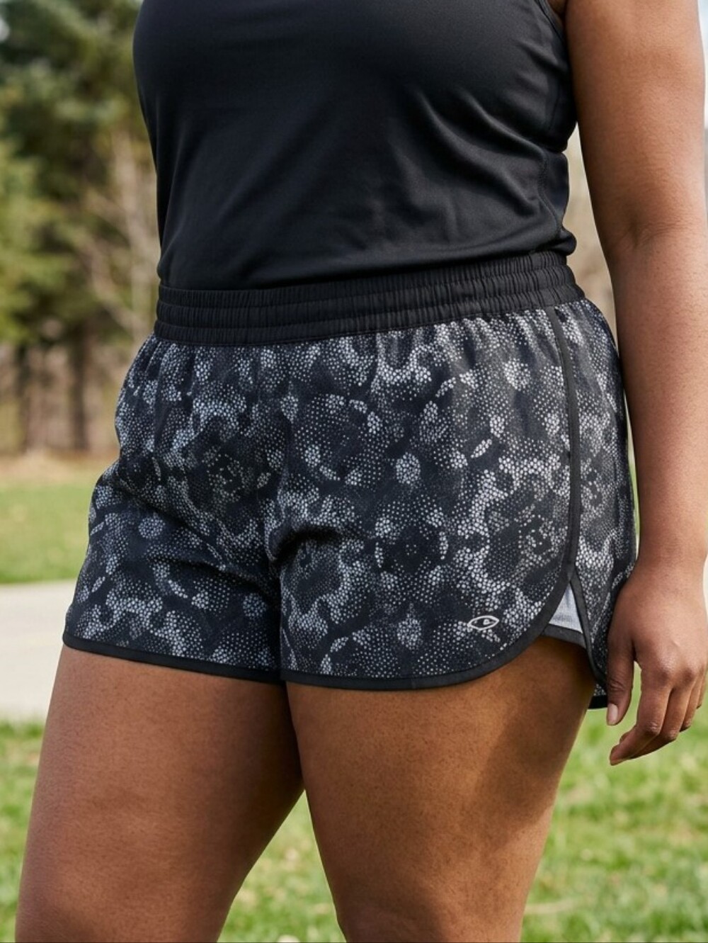 Women's Champion Shorts Black Printed Running Lined DuoDry Activewear Athletic